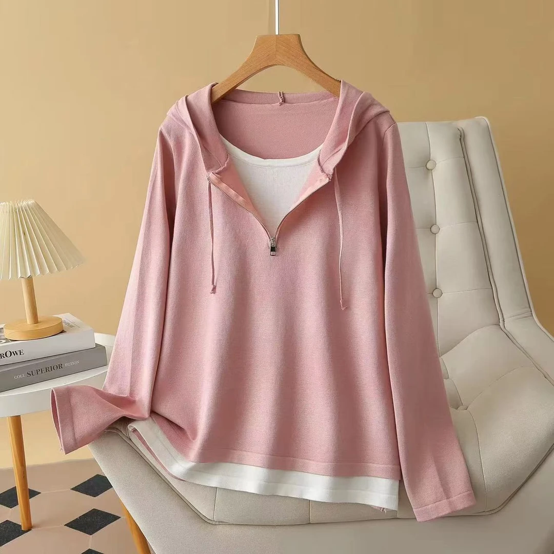 大码春秋款洋气宽松遮肉显瘦假两件连帽针织衫上衣#2402