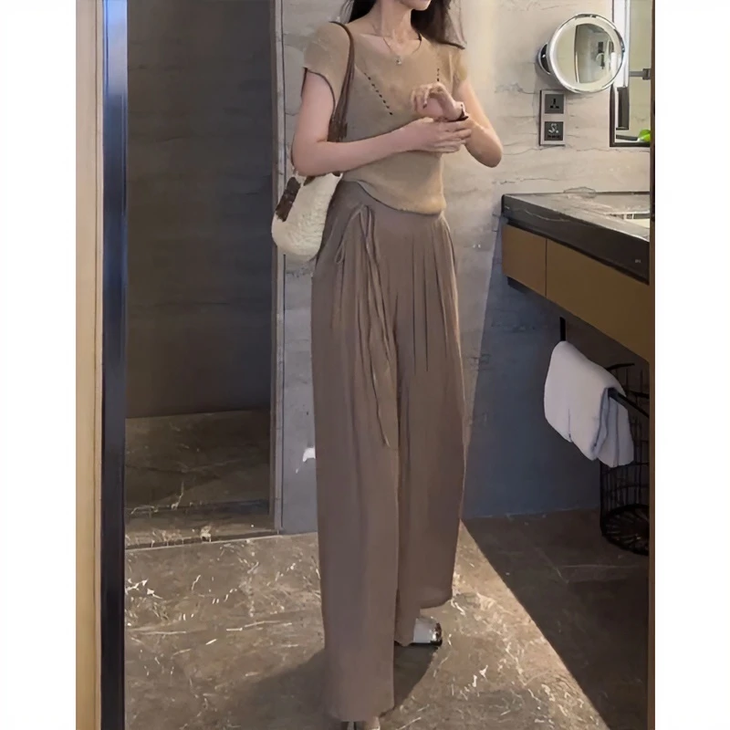 小个子夏季休闲慵懒风阔腿裙裤套装韩系减龄短款针织衫茶系两件套