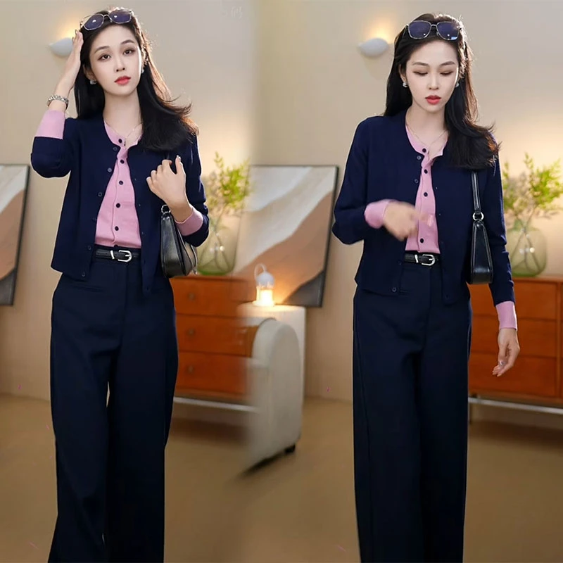 法式温柔显瘦秋冬穿搭2024新款假两件设计针织开衫直筒裤两件套装