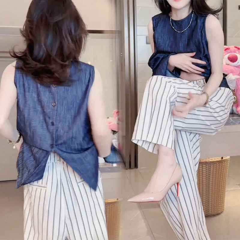时尚设计感宽松显瘦开叉背心上衣韩版竖条纹阔腿裤高级感两件套装