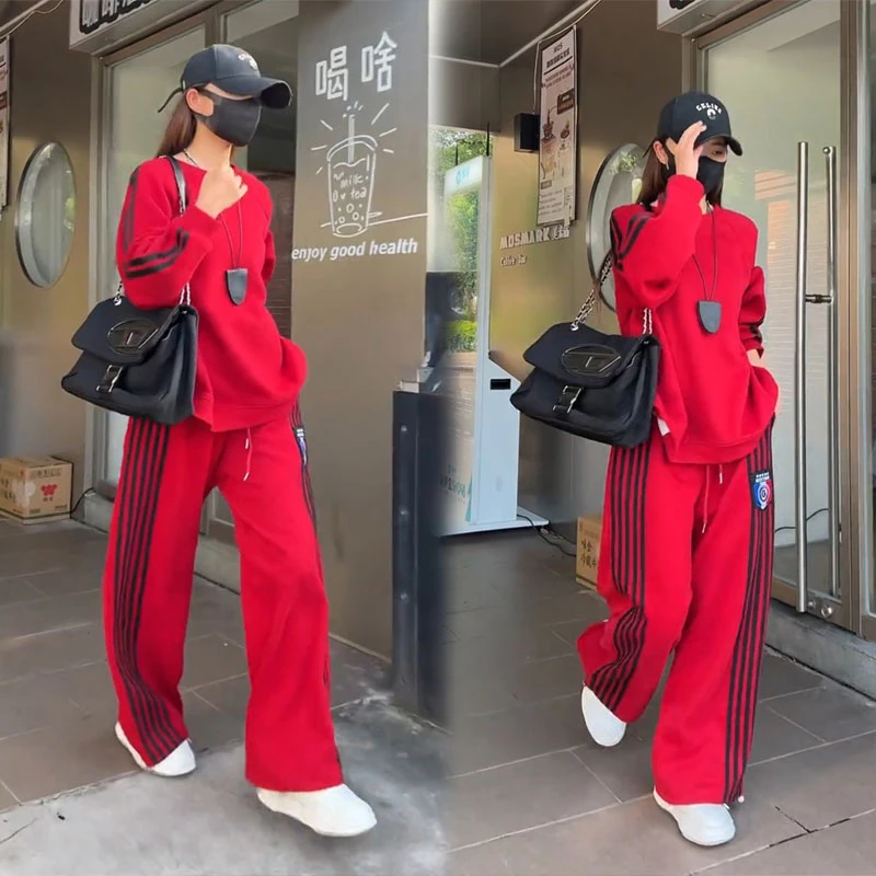 2025秋季红色卫衣裤套装时尚显瘦长袖上衣阔腿裤子广场舞两件套装