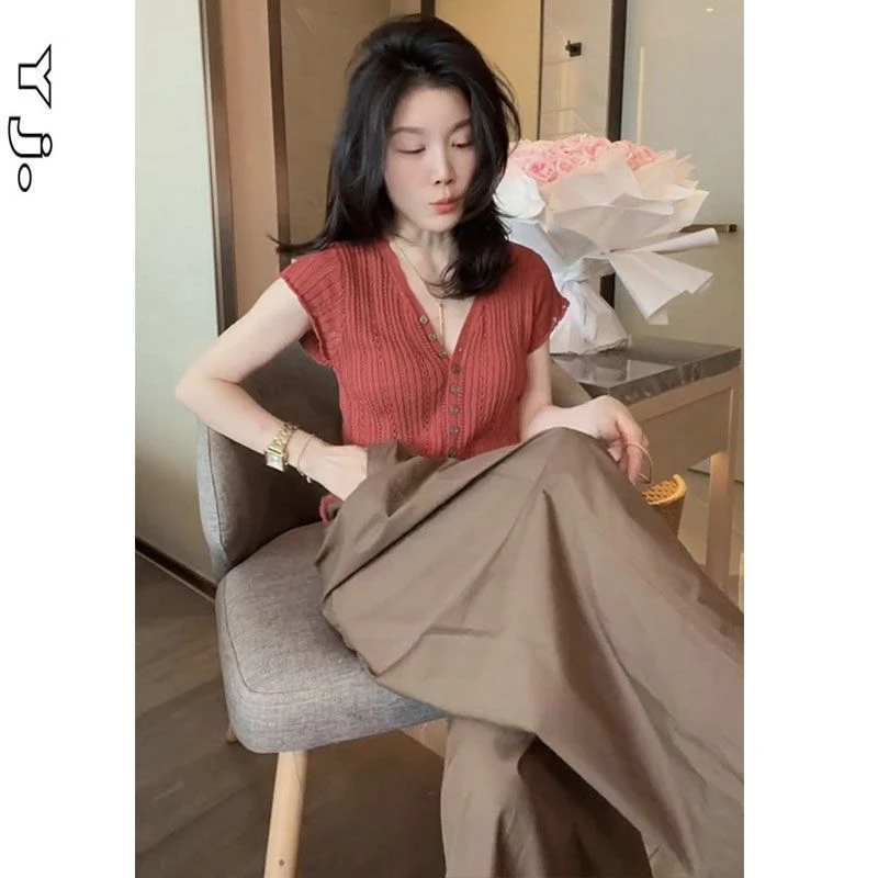 夏季女装新款茶系穿搭套装小个子针织衫上衣时尚减龄阔腿裤套装
