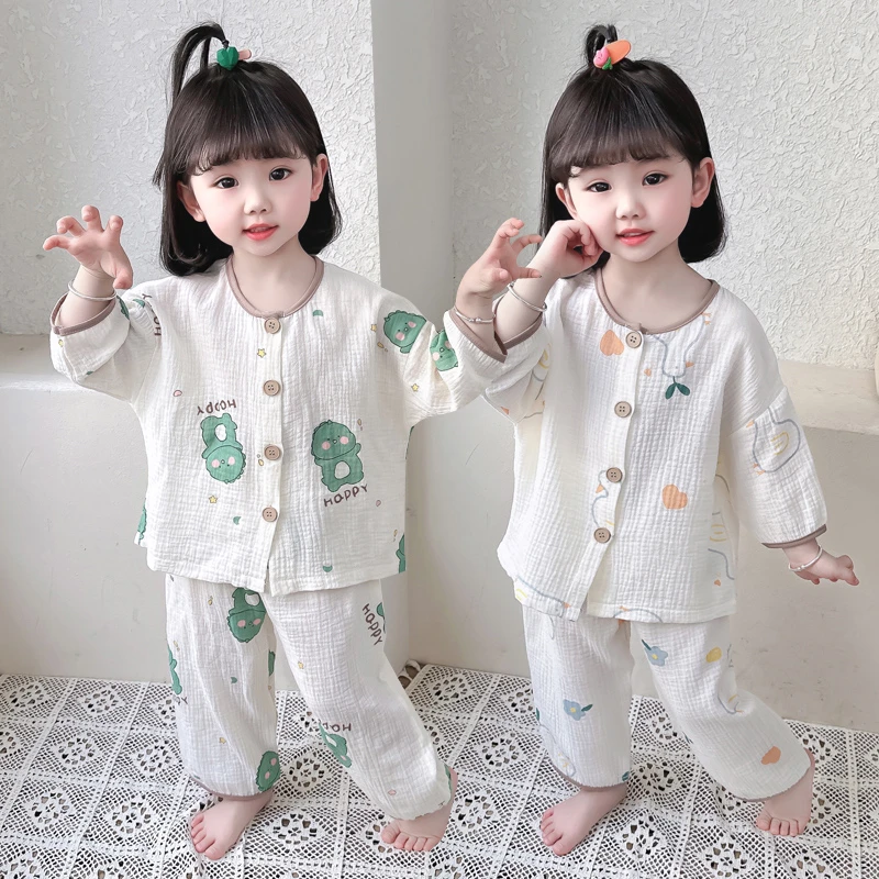 女童全棉纱布睡衣夏季儿童薄款家居服女孩宝宝纯棉吸汗透气空调服