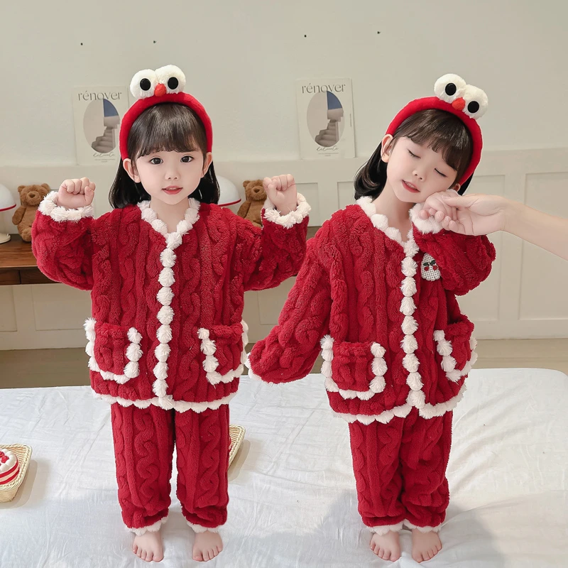 女童睡衣秋冬加厚儿童珊瑚绒套装冬季卡通小童女宝宝法兰绒家居服