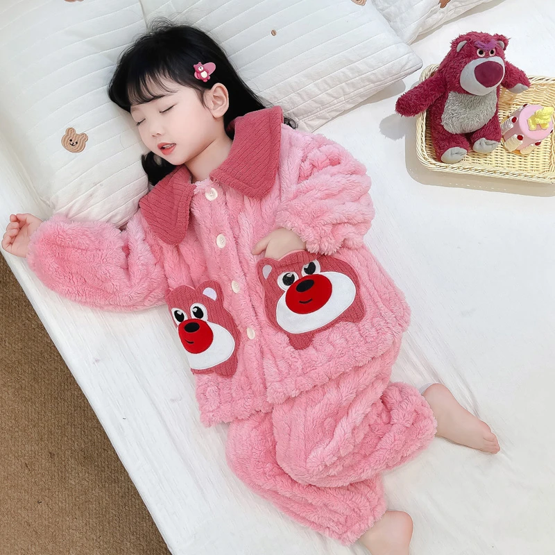 儿童珊瑚绒睡衣秋冬加厚款女童冬季开衫套装女孩宝宝法兰绒家居服
