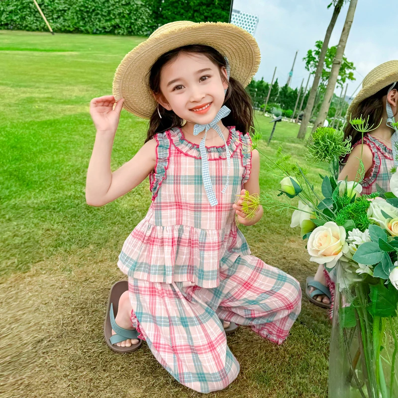 女童夏装无袖套装2024新款儿童装背心时髦格子两件套宝宝夏季衣服