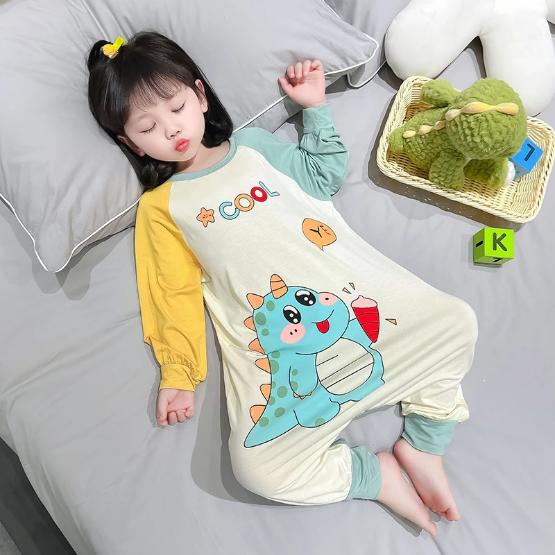 儿童连体睡衣夏季薄款莫代尔长袖空调服女童宝宝春秋防踢爬服恐龙