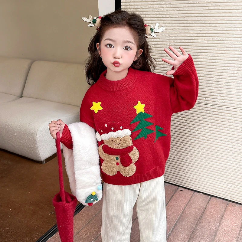 女童圣诞新年毛衣加厚2024新款儿童冬季保暖针织衫打底衫宝宝上衣