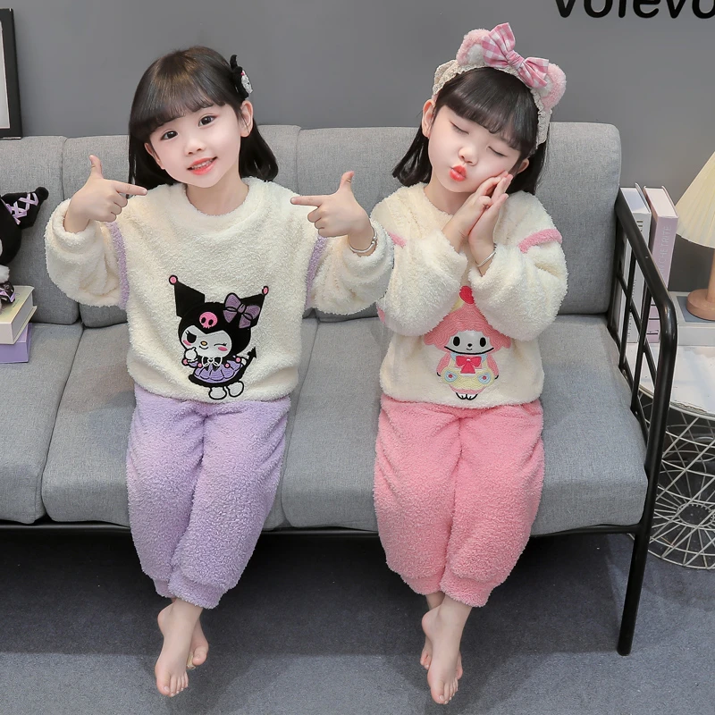 女童珊瑚绒睡衣秋冬季加绒加厚儿童法兰绒女孩冬款小童家居服套装