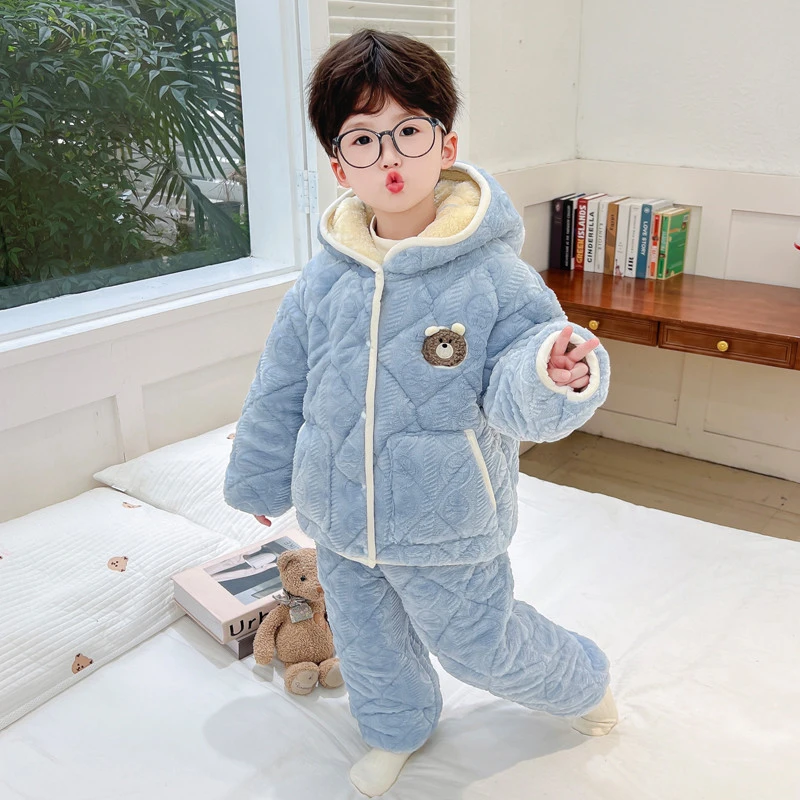 儿童睡衣2024新款冬季三层夹棉加厚男童家居服宝宝男孩珊瑚绒套装