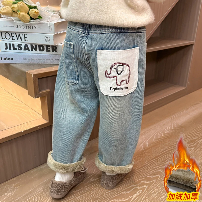 女童加绒牛仔裤儿童保暖直筒裤子冬款2024新款女孩加厚羊驼绒长裤