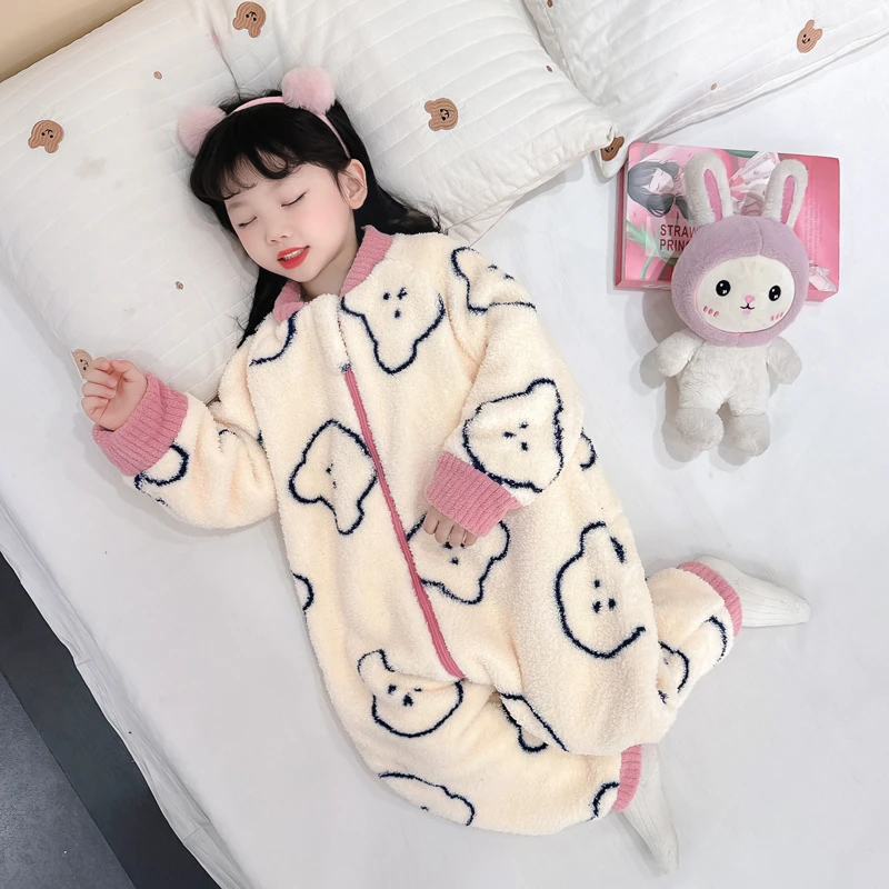 儿童连体睡衣珊瑚绒秋冬季加绒加厚女孩宝宝法兰绒婴儿防踢被睡袋