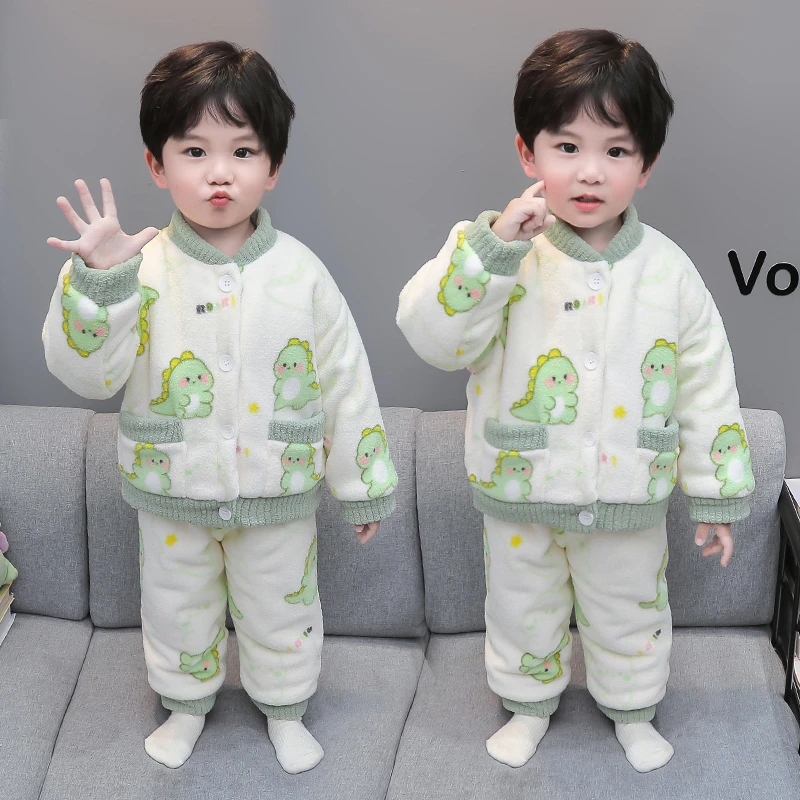 儿童珊瑚绒睡衣男童秋冬加绒加厚款男孩宝宝法兰绒家居服双层套装