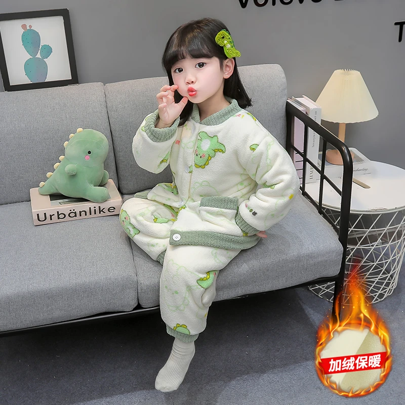 儿童双层珊瑚绒睡衣女童秋冬加绒加厚女宝宝法兰绒家居服套装冬款