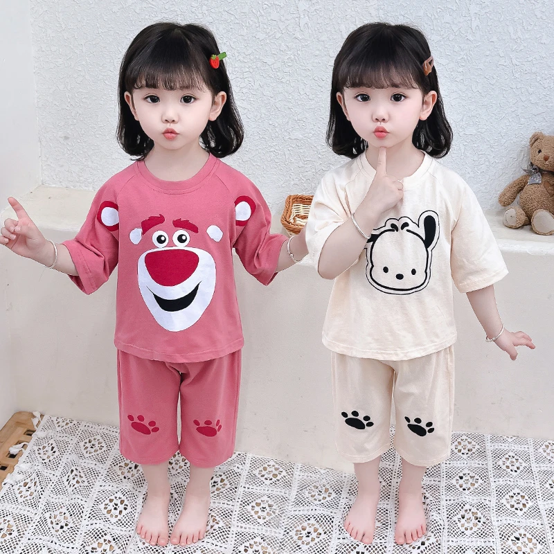 儿童睡衣纯棉夏季小童女宝宝卡通家居服七分袖套装女童分体空调服