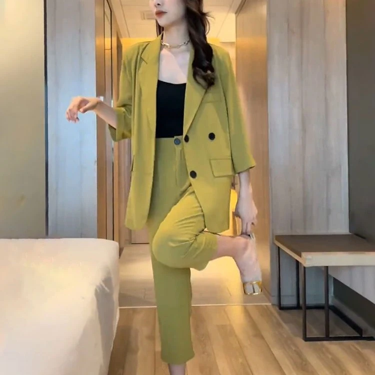 抖音网红西服套装女2025夏薄款西装外套职业高腰气质女款两件套