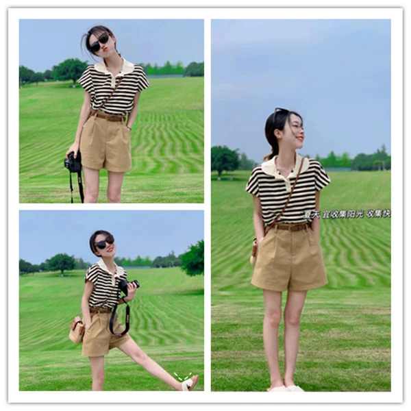 2025年夏季新款时尚休闲条纹T恤五分短裤短款小个子显瘦遮肉减龄