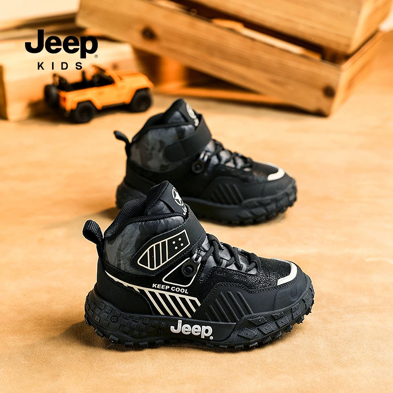 JEEP/吉普春秋款男女童鞋春秋季皮面保暖高帮童靴2024新款高帮靴