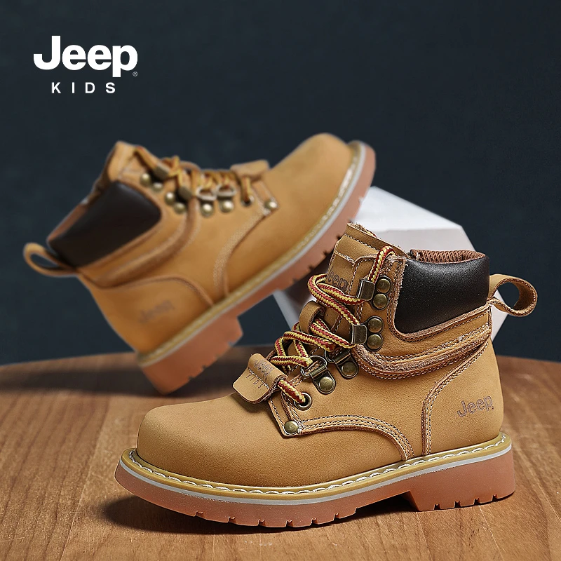 JEEP/吉普童鞋春秋季新款女中大童马丁靴高帮加绒保暖时尚大黄靴