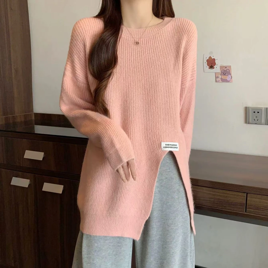 5804 Y9设计感小众开叉针织衫毛衣秋冬韩版宽松显瘦长袖慵懒风