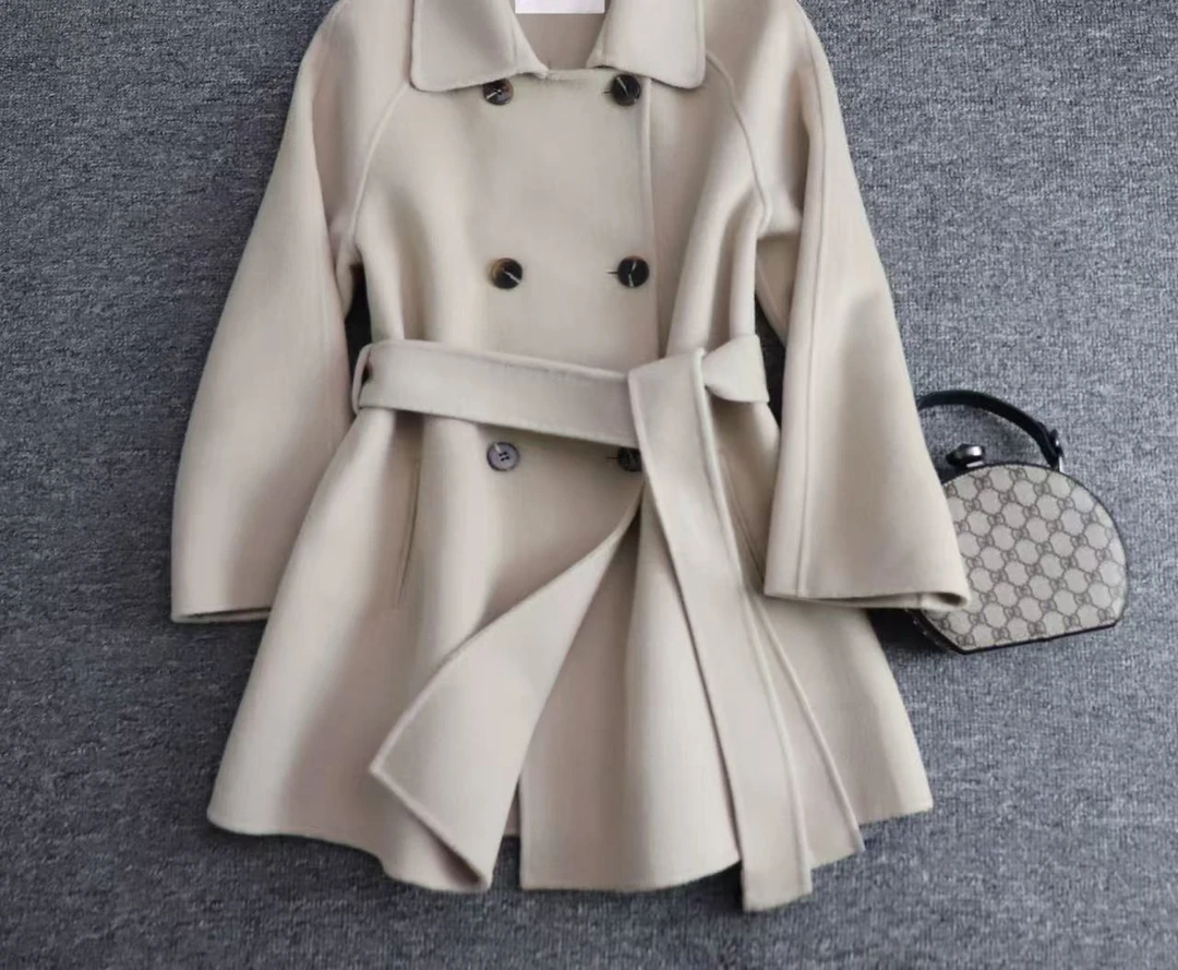 7010 2024秋冬新款双面羊毛外套女中长款宽松系带大衣