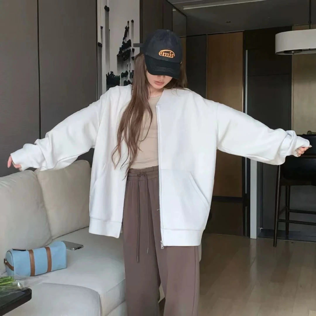 334 休闲宽松小众设计无帽外套撞色英文原创卫衣开衫女