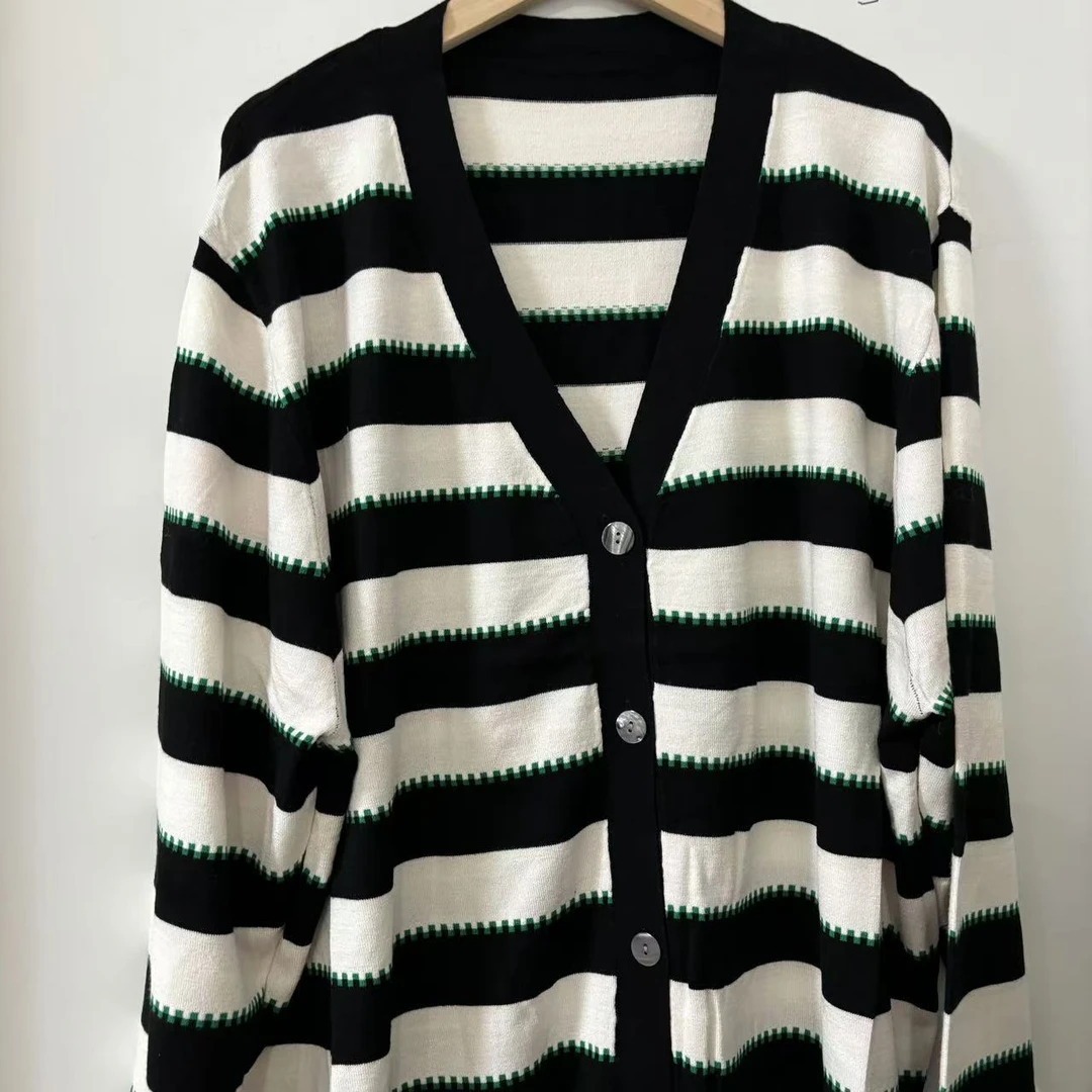 4503 慵懒宽松针织开衫英伦风撞色横条纹外套