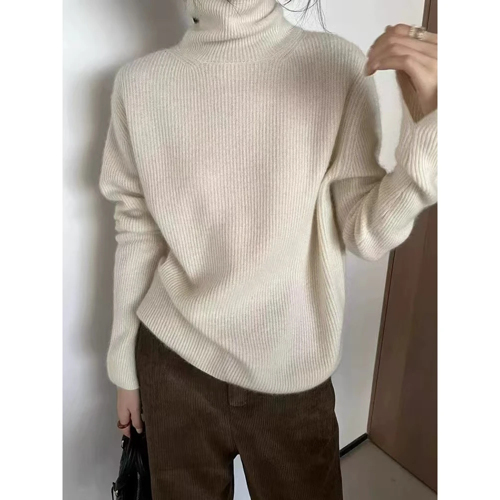 708 宽松休闲慵懒风纯色气质时尚穿搭高领套头软糯毛衣针织衫