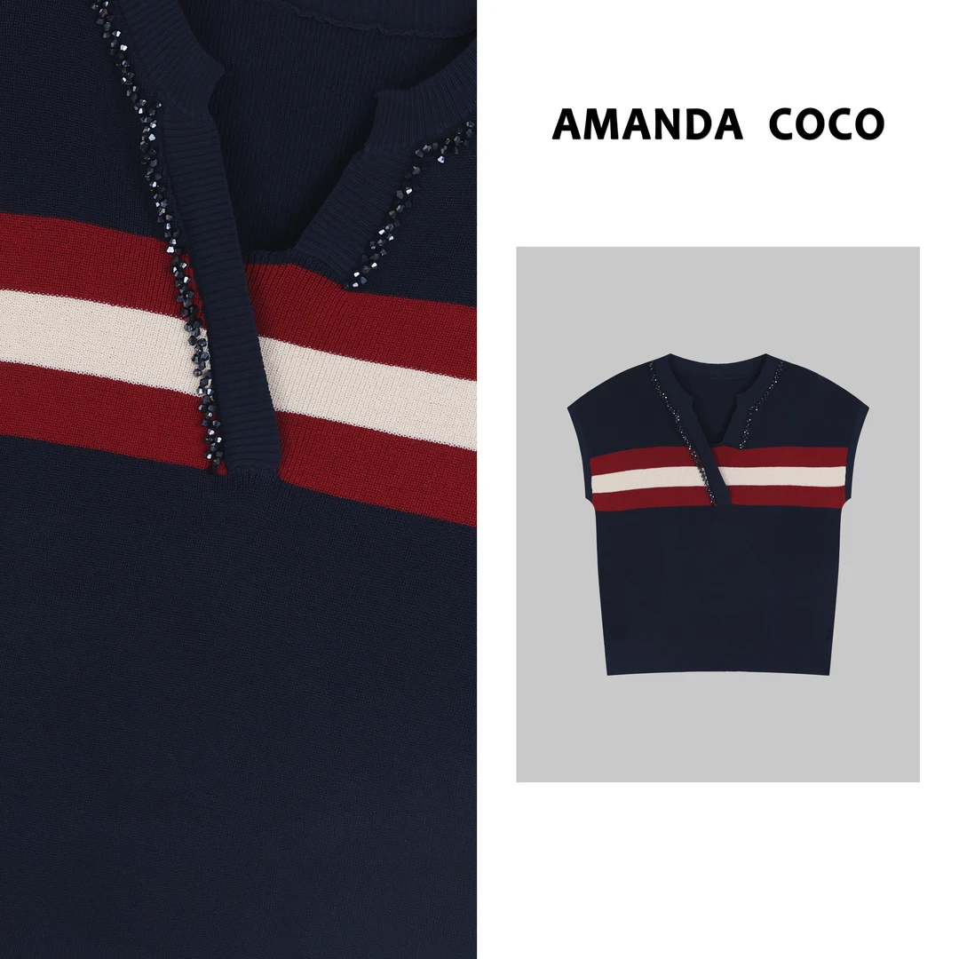 AMANDACOCO私服 | 小众设计 高定串钻V领气质针织上衣