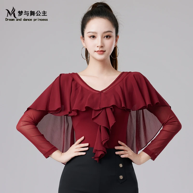 摩登舞新款舞蹈上衣女拉丁练功服交谊舞表演服时尚修身飘逸舞蹈服