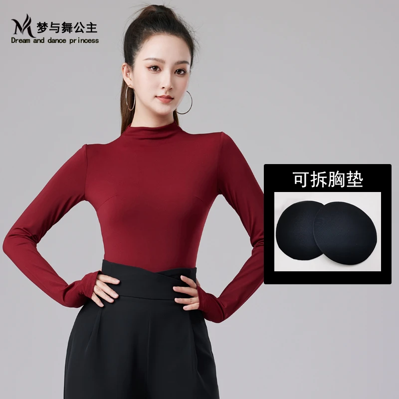 拉丁舞新款上衣秋冬半高领摩登舞蹈练功服国标演出服长袖舞蹈服女
