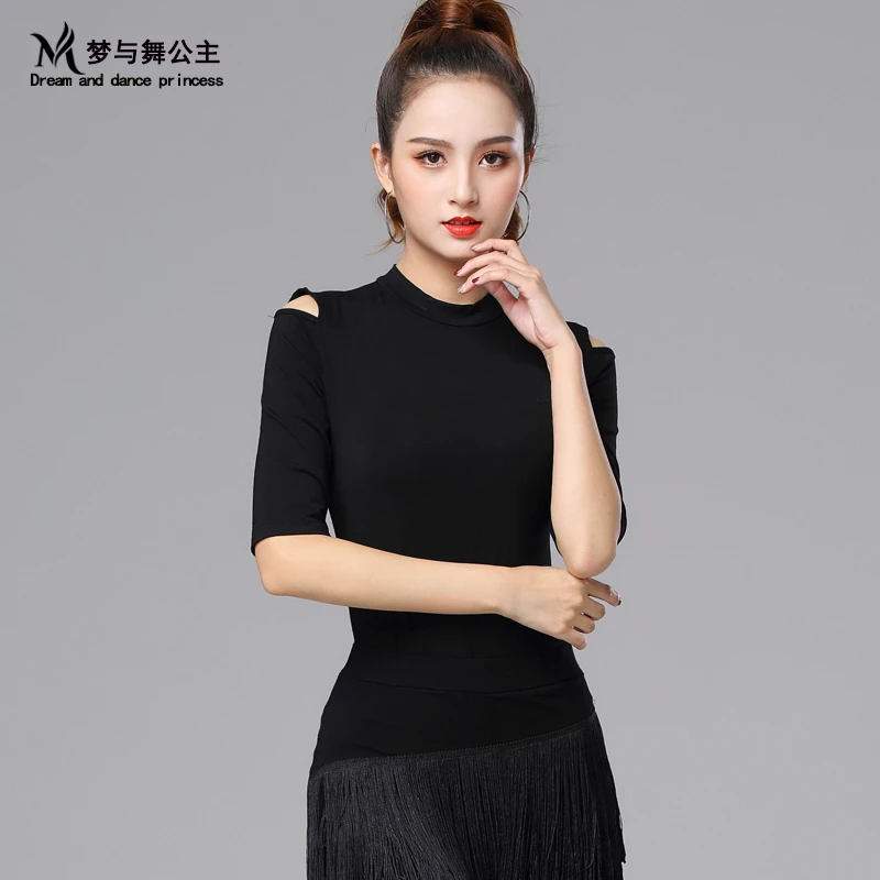 拉丁舞新款上衣女摩登舞衣国标舞露肩小高领修身时尚成人黑色舞衣