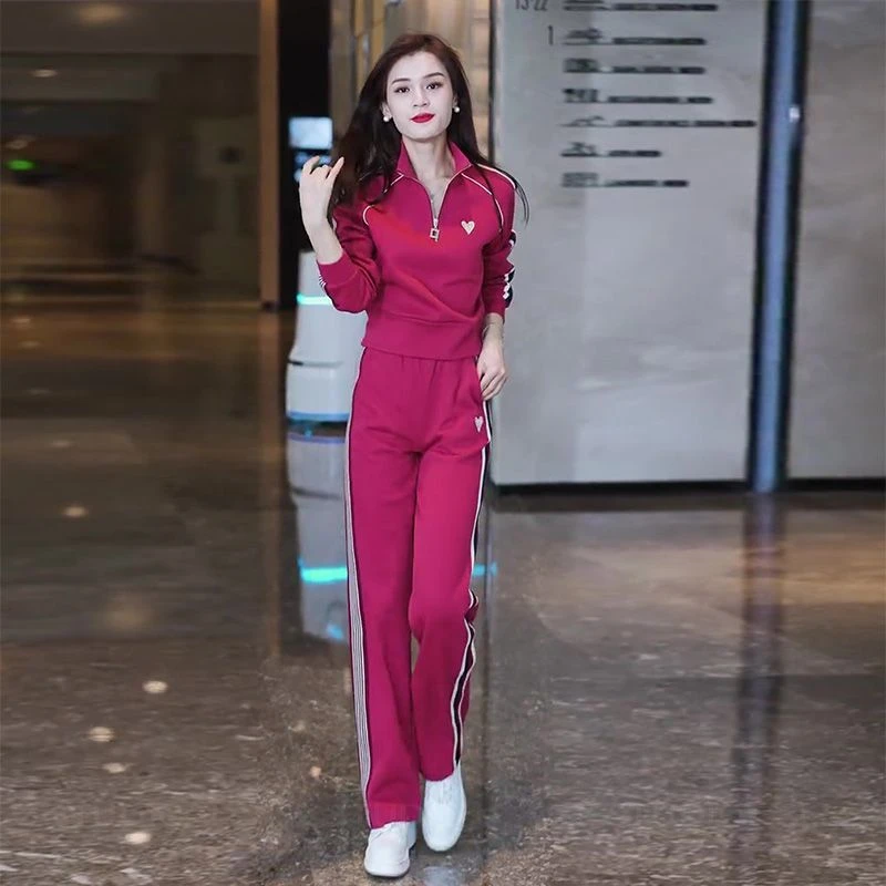 玫红色运动服套装女2024春秋新款时尚显瘦立领气质卫衣外穿两件套