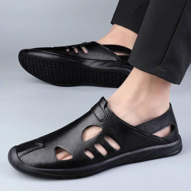 皮凉鞋男夏季新款软底镂空洞洞男士休闲鞋舒缓透气罗马商务开车鞋