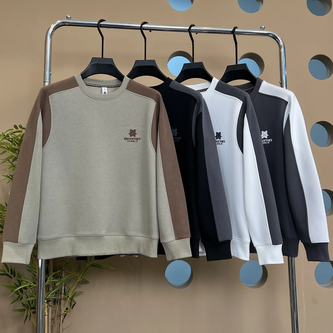 男士2024秋款男拼接时尚潮牌休闲刺绣百搭修身长袖圆领卫衣【7708】