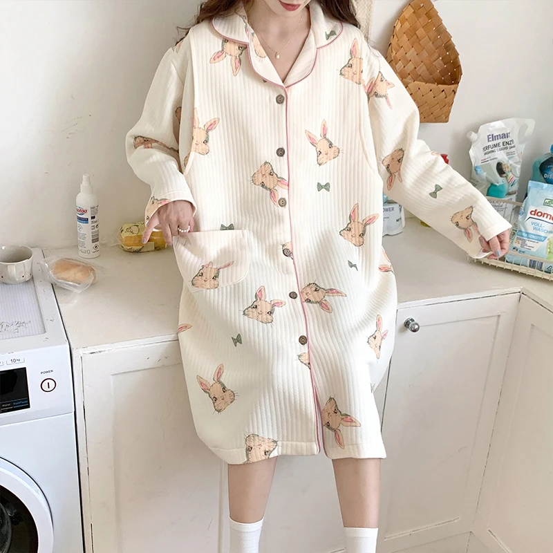 月子服秋冬季纯棉加厚产后喂奶哺乳睡裙空气棉孕妇睡衣中长连衣裙