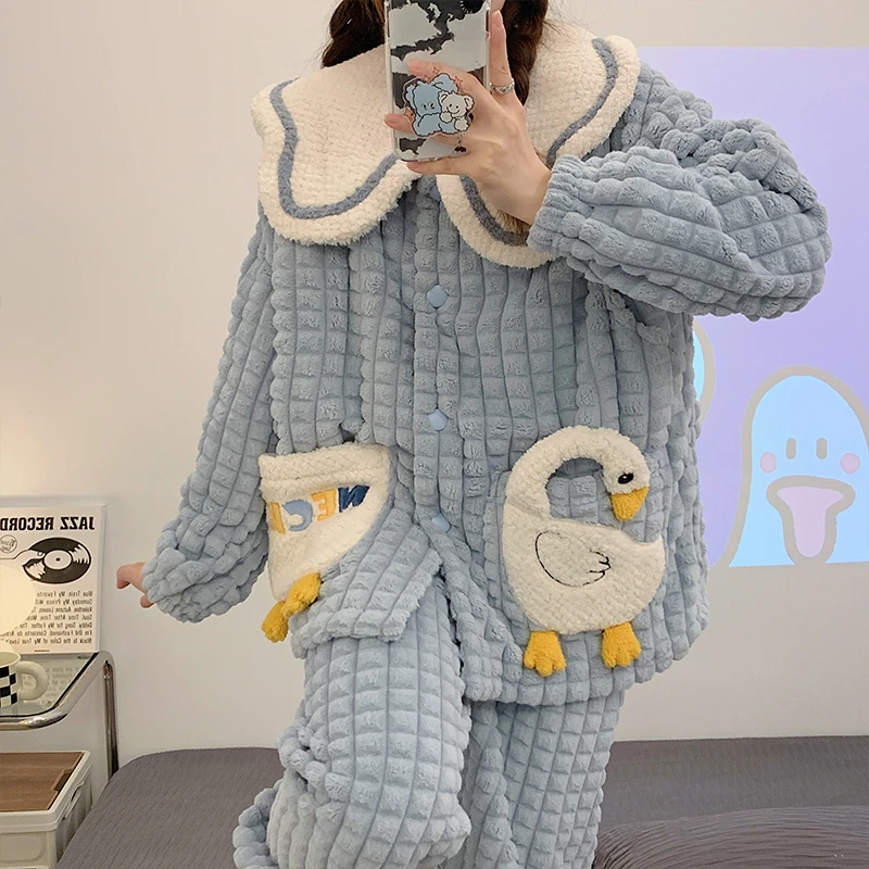待产衣服月子服秋冬季加厚保暖珊瑚绒产后喂奶哺乳法兰绒孕妇睡衣