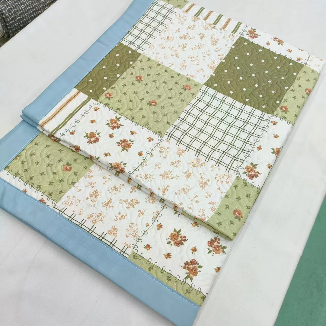 凉感【包边床盖】<花田绿大格>90X220cm<±5cm>绗缝多功能加厚透