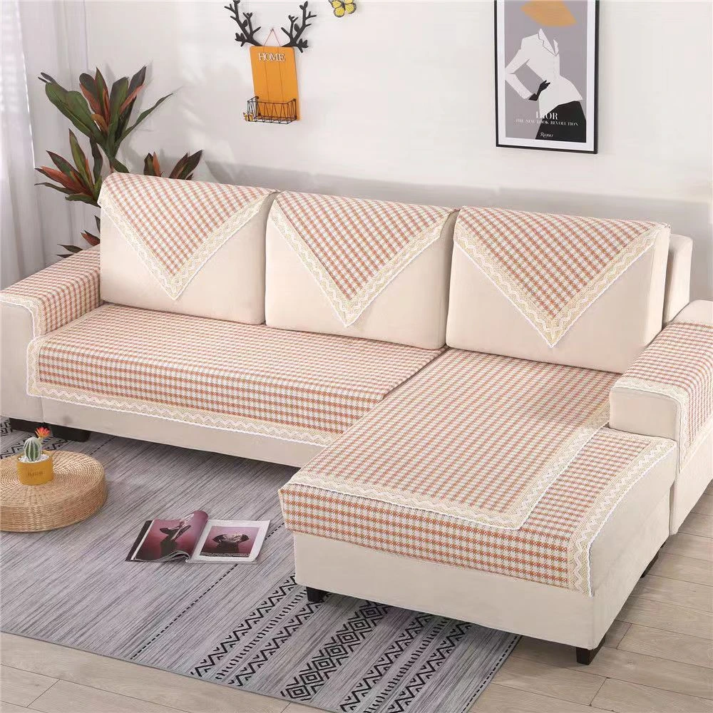 老粗布【沙发巾单条装】<小橙咖格>90X300cm<±5cm> 加厚简约透气