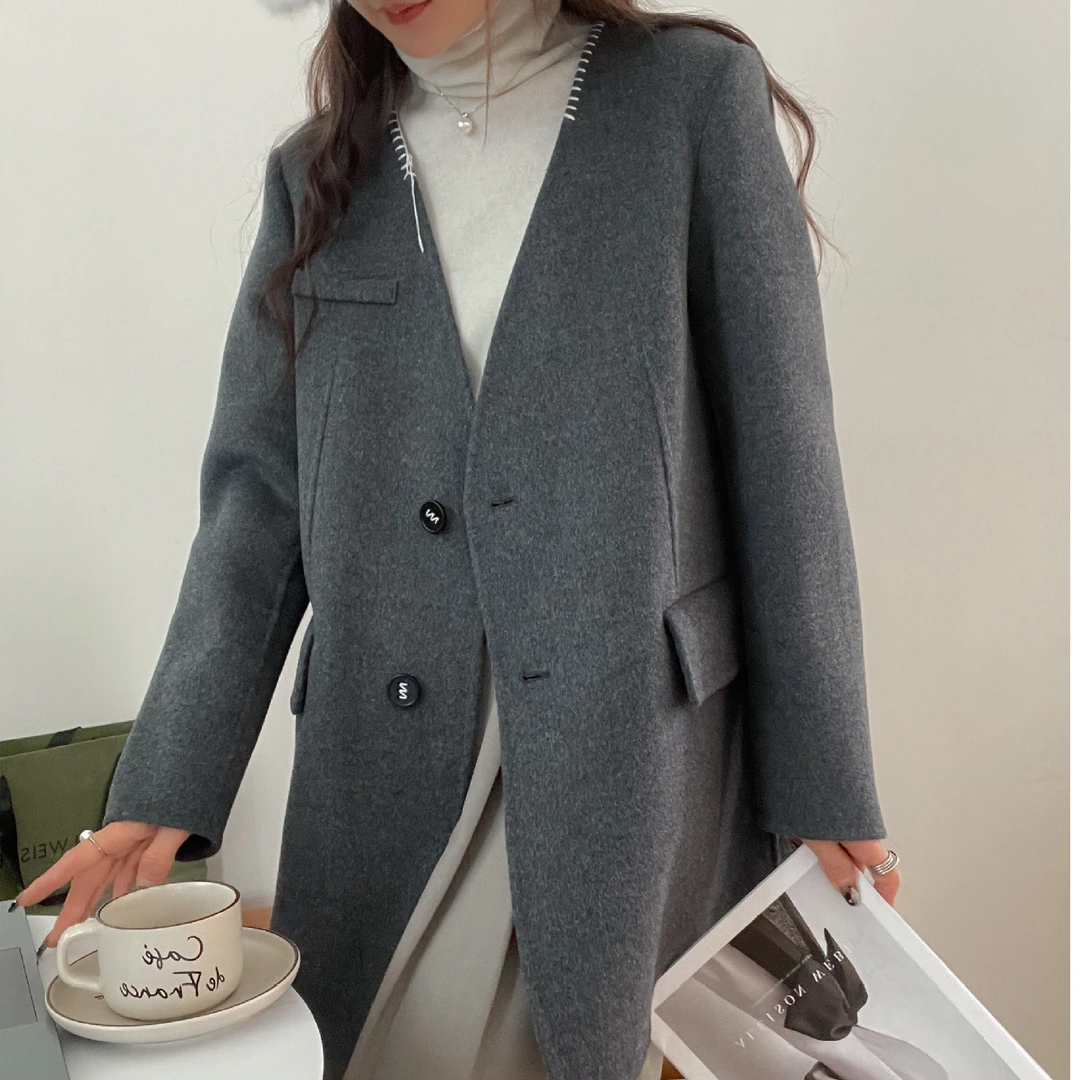 2025秋冬新款中长款宽松双面羊绒大衣女V领显瘦拼接羊毛西装外套