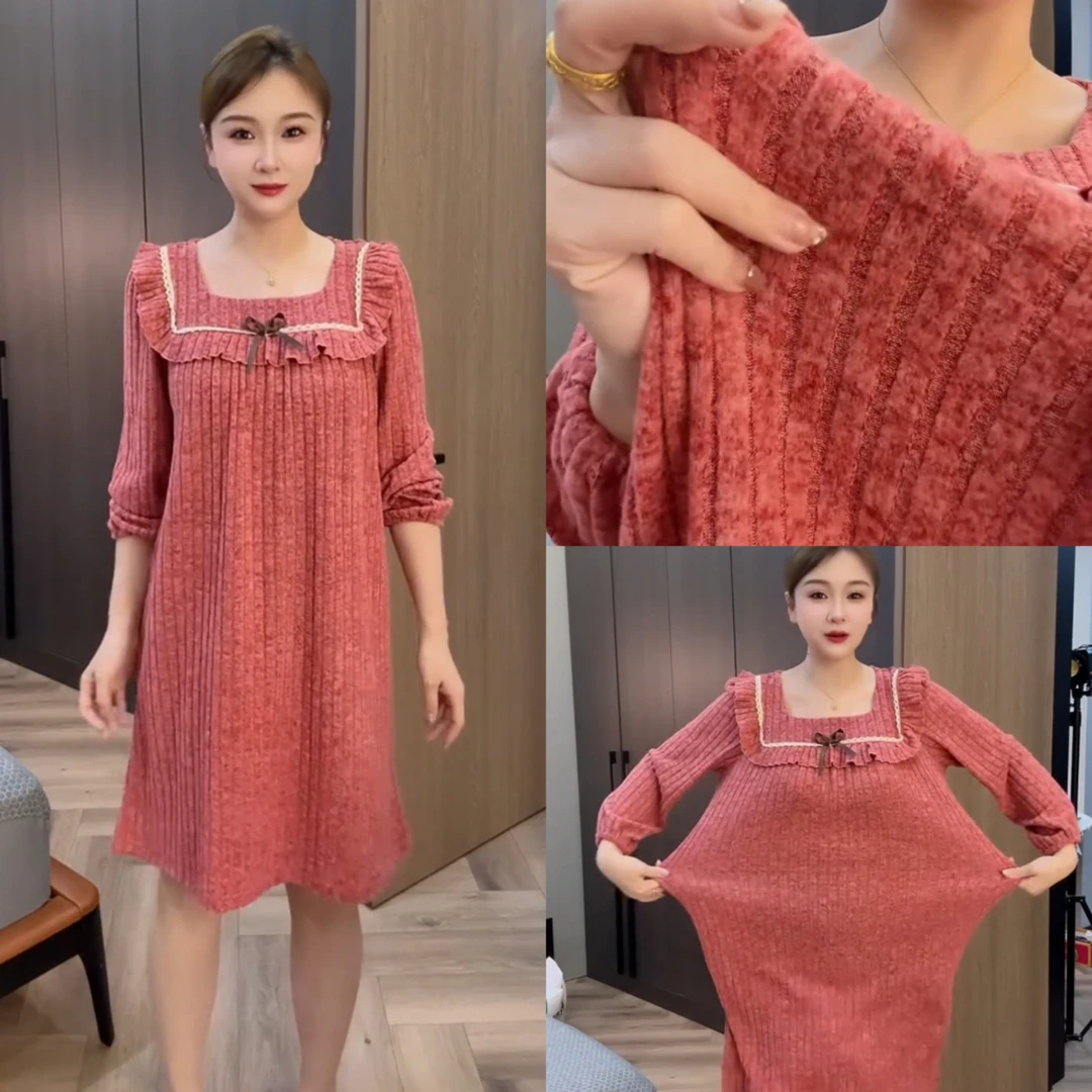 冬季大码洋气气质时尚网红百搭减龄宽松中长款长袖家居睡裙韩版