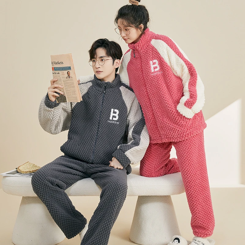 情侣睡衣女冬季珊瑚绒加厚加绒可外穿套装男可爱法兰绒保暖家居服
