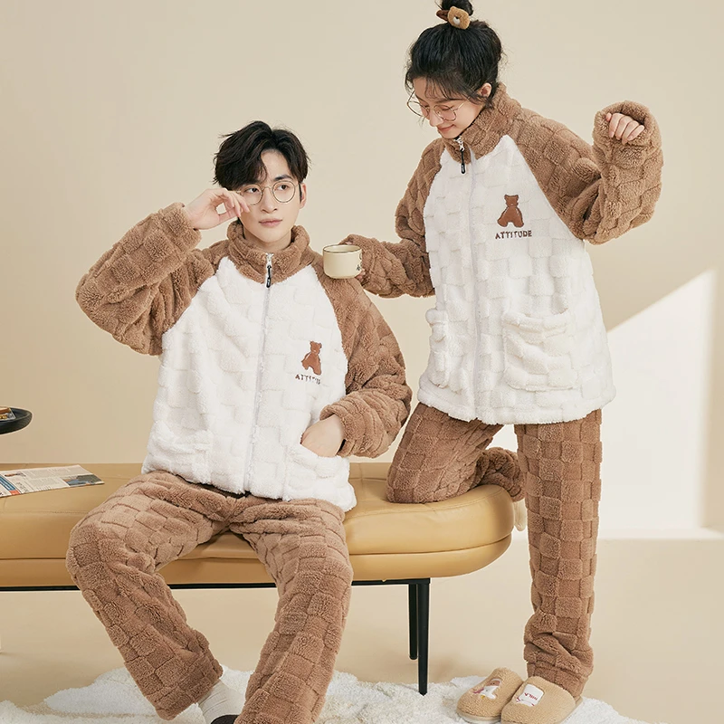 情侣睡衣冬季珊瑚绒男士女加厚加绒法兰绒套装秋冬款可外穿家居服