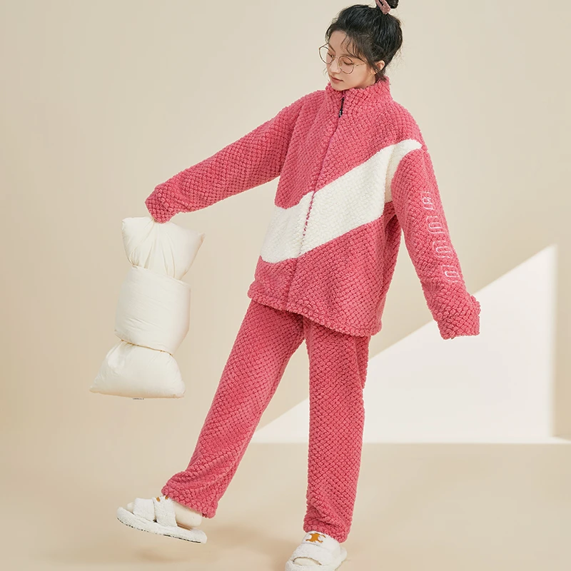 珊瑚绒睡衣女冬季加厚加绒2025新款法兰绒秋冬天简约家居服套装