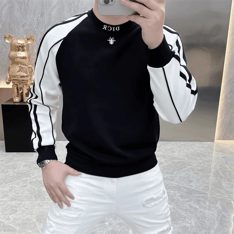 秋冬新款欧货时尚印花修身帅气潮流圆领网红长袖卫衣男打底衫7758