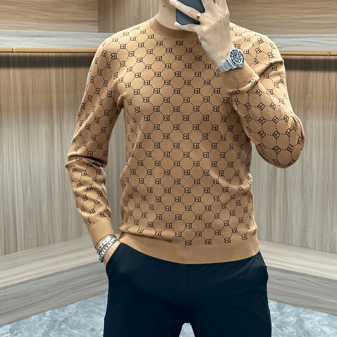 欧货高端短袖毛衣男春秋保暖潮牌提花针织秋冬修身冬季上衣打底衫