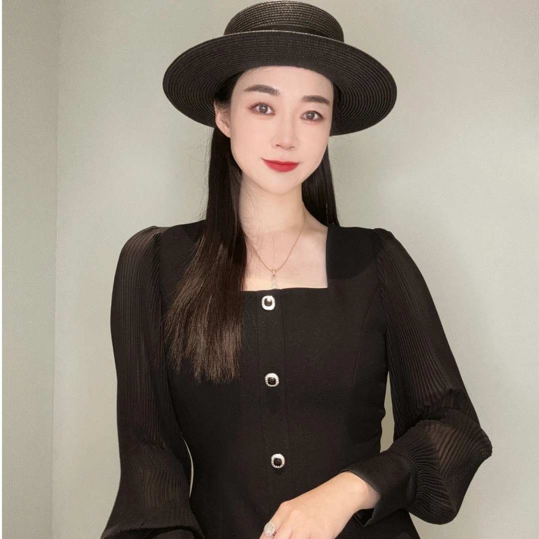 BAISI/百丝黑色连衣裙AATA410242A0显瘦气质长袖修身方领收腰