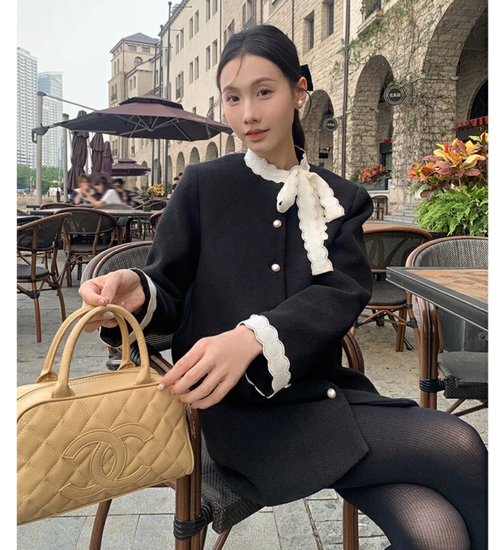 秋冬法式气质显瘦新款蝴蝶领小香风夹棉加厚连衣裙毛呢大衣A1107