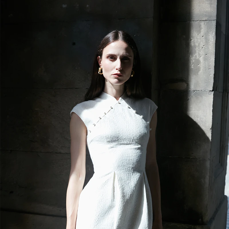 SenseByMei高雅郁金香花瓶式弧形腰身中西式结合典雅旗袍连衣裙