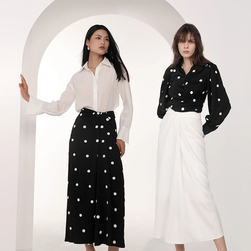 BRANDBYMEI织造会呼吸的面料立体值绒黑白波点掐褶休闲半身裙中长